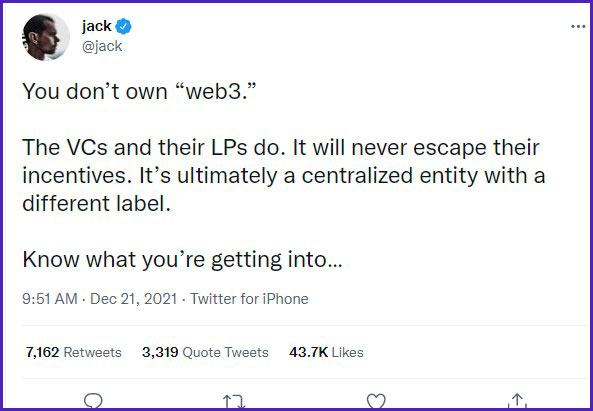 Jack Dorsey tweet about web 3.0