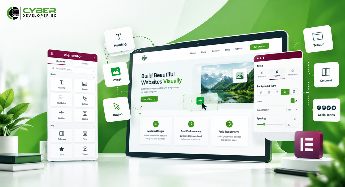 Elementor WordPress page builder for creating websites with drag and drop design